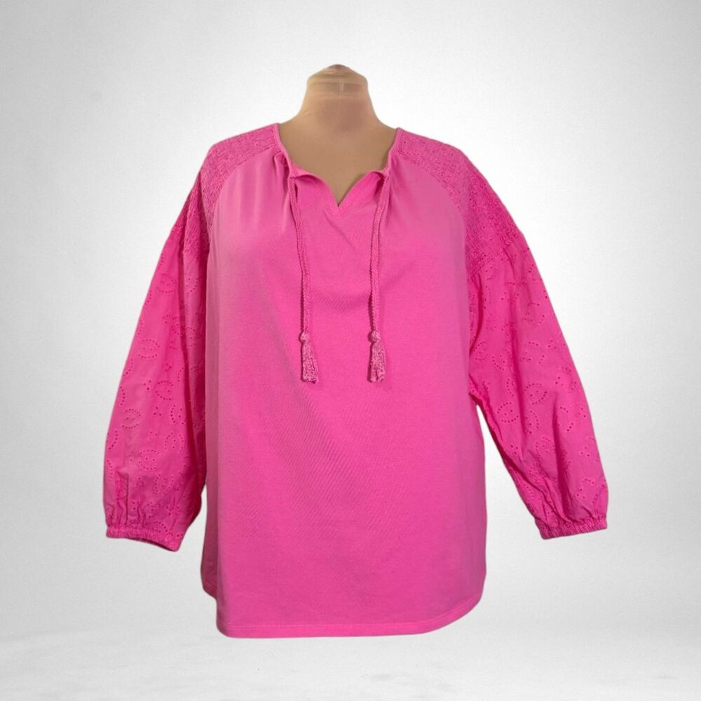 Belle by Kim Gravel Eyelet Everything Mixed Media Boho Pink Top, Size 2X New